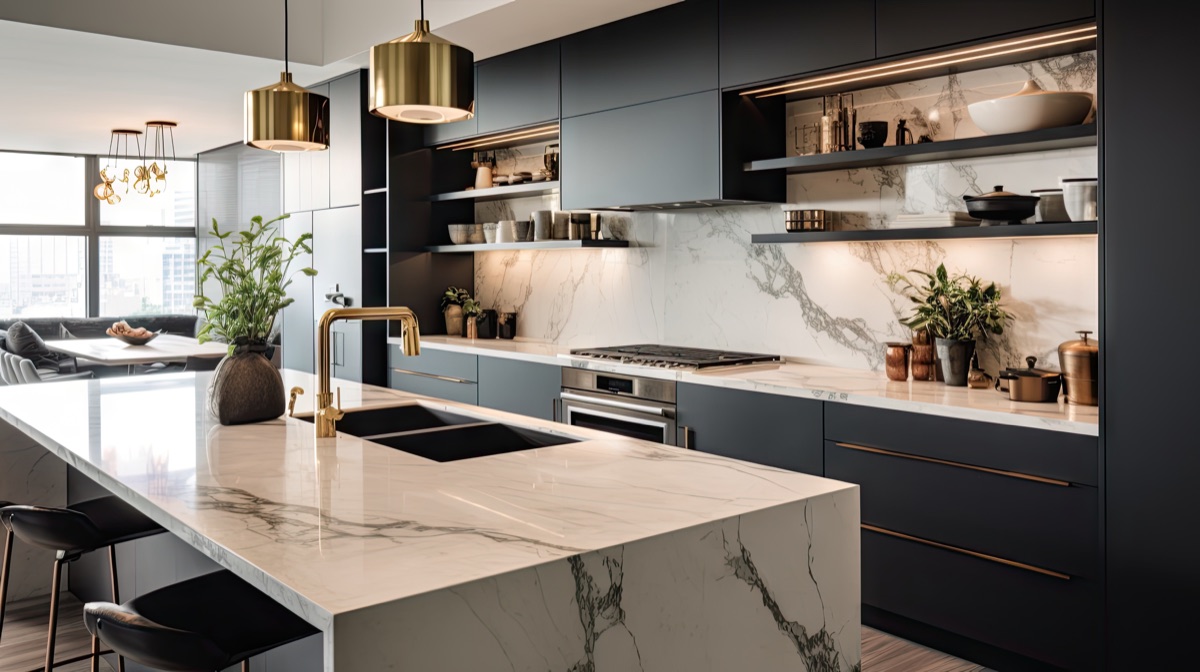 Modern dark kitchen with marble counters and brass pendant lights