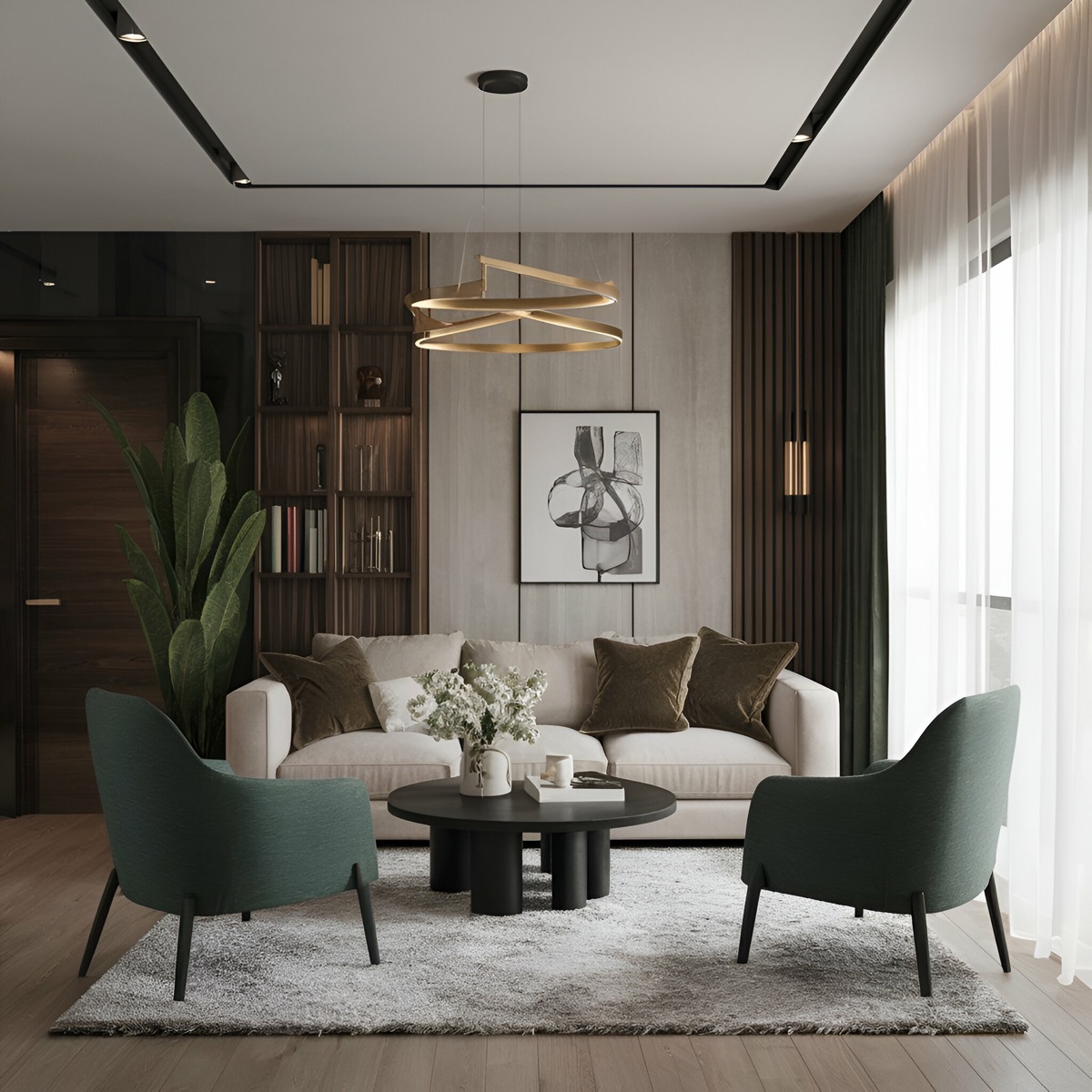 Contemporary living room with a cream sofa and green armchairs